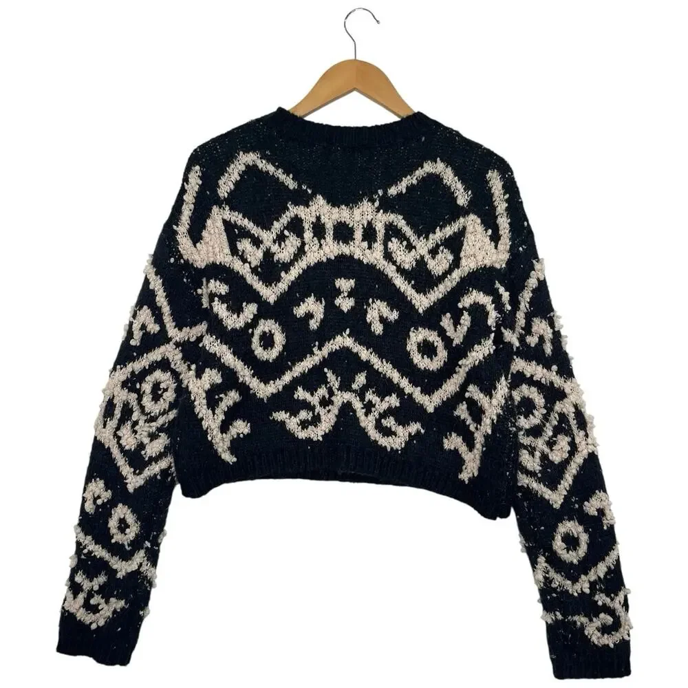 STORIA Sweater Womens Medium Blue Mohair Wool Textured Knit Cropped Boho Cozy